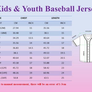 May include: A size chart for kids' and youth baseball jerseys. The chart includes chest and length measurements in inches and centimeters, ranging from 6 months to youth large. A jersey diagram illustrates the measurements.