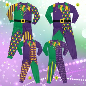 May include: Four Mardi Gras-themed pajama sets. Each set features a color-blocked design in purple and green, with gold accents. The tops have a diamond pattern and a decorative collar. The pants have stripes or diamond patterns. A black belt with a gold buckle is included.