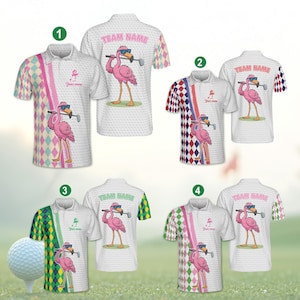 May include: White golf polo shirts with a flamingo graphic wearing sunglasses and holding a golf club. The shirts have colorful geometric patterns on the sleeves and sides, with the text "TEAM NAME" on the back.