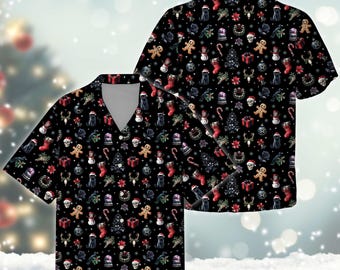 Camicia hawaiana natalizia inquietante, camicia gotica con bottoni natalizi, camicia Creepmas, camicia horror festiva, regalo per feste di Natale spettrali
