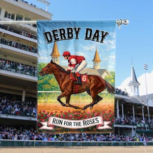 May include: A decorative flag featuring a horse race scene. The flag displays a jockey in red and white riding a brown horse, with the text "DERBY DAY" and "RUN FOR THE ROSES". The background includes a racetrack and a crowd of spectators.