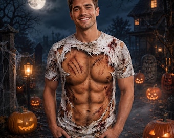 Maglietta da zombie di Halloween per uomo, maglietta con illusione di addominali scolpiti o pancia da birra, maglietta horror strappata e insanguinata, divertente costume di Halloween 3D