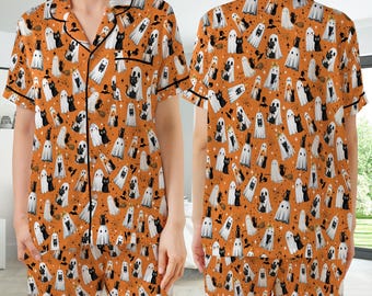 Pigiama in raso per Halloween con gatto nero, pigiama per la stagione spettrale, pigiama per gli amanti dei gatti Boo Ghost, pigiama per Halloween con mamma gatta divertente