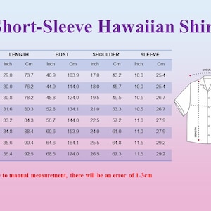 K&ouml;nnte beinhalten: Gr&ouml;&szlig;entabelle f&uuml;r ein kurz&auml;rmeliges Hawaiihemd, mit Ma&szlig;en in Zoll und Zentimetern. Die Gr&ouml;&szlig;en reichen von S bis 5XL und geben L&auml;nge, Brustumfang, Schulter und &Auml;rmel an. Rechts ist eine Abbildung des Hemdes.