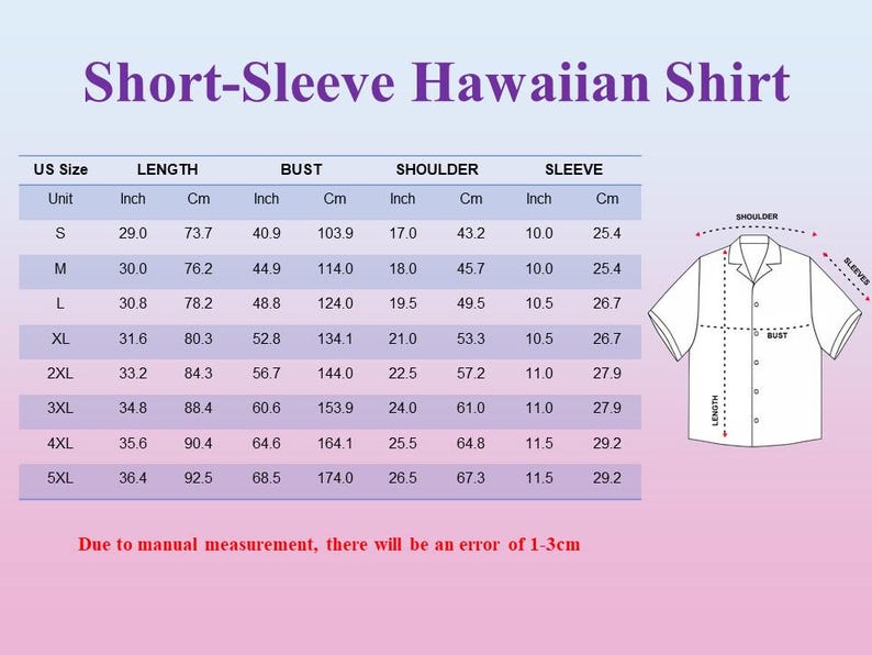 K&ouml;nnte beinhalten: Gr&ouml;&szlig;entabelle f&uuml;r ein kurz&auml;rmeliges Hawaiihemd, mit Ma&szlig;en in Zoll und Zentimetern. Die Gr&ouml;&szlig;en reichen von S bis 5XL und geben L&auml;nge, Brustumfang, Schulter und &Auml;rmel an. Rechts ist eine Abbildung des Hemdes.