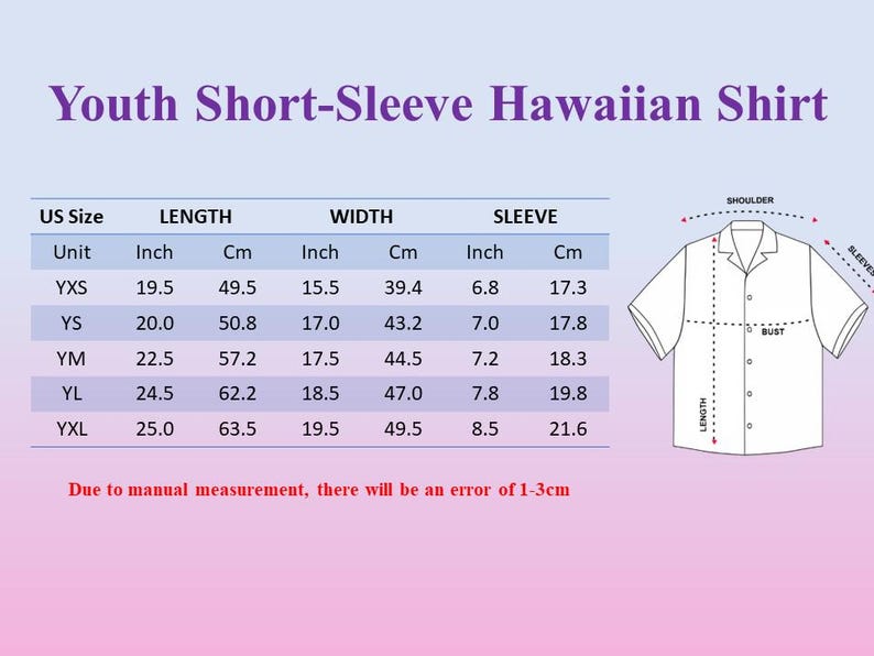 K&ouml;nnte beinhalten: Ein Diagramm f&uuml;r ein kurz&auml;rmeliges hawaiianisches Hemd f&uuml;r Jugendliche mit Ma&szlig;en in Zoll und Zentimetern. Die Tabelle enth&auml;lt die Gr&ouml;&szlig;en YXS, YS, YM, YL und YXL mit L&auml;ngen-, Breiten- und &Auml;rmelma&szlig;en. Eine Hemdskizze ist ebenfalls abgebildet.