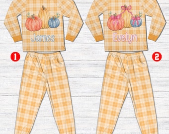 Pigiama personalizzato per il Giorno del Ringraziamento con nome, set pigiama autunnale con tacchino e zucca, pigiama personalizzato per le vacanze, completo coordinato per tutta la famiglia (bambini e adulti)