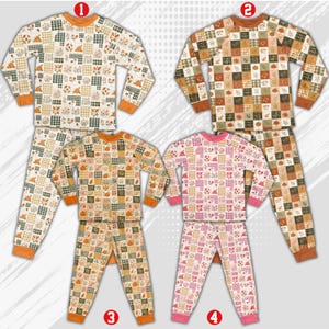 May include: Four sets of long-sleeved pajamas featuring a patchwork grid pattern. Each set includes a crew-neck top and matching pants with ribbed cuffs. The designs display autumn-themed motifs like pumpkins, leaves, and plaid in various colorways.