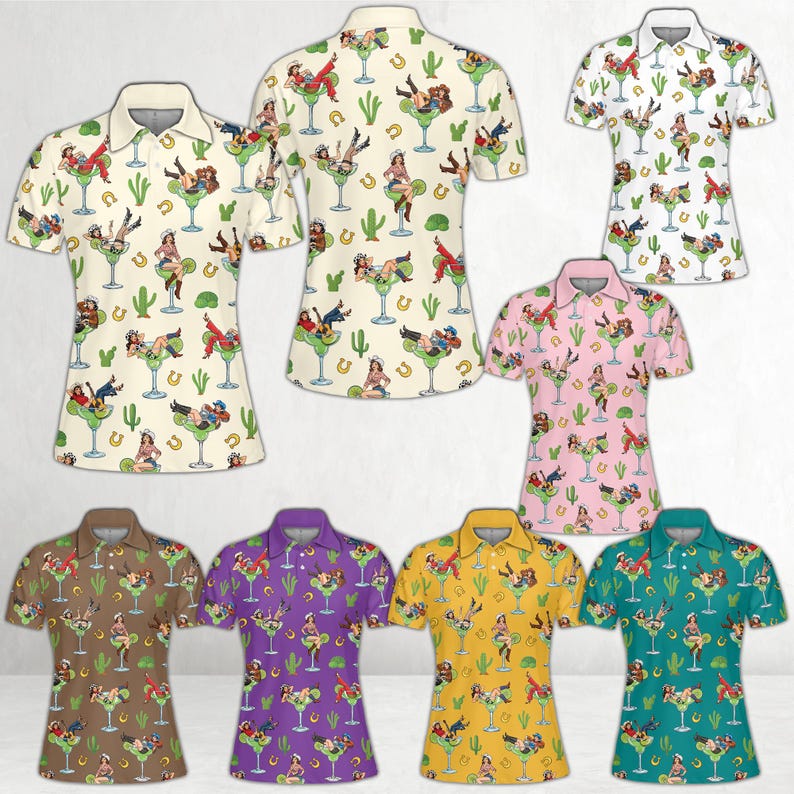 Pu&ograve; includere: Una collezione di polo a maniche corte in vari colori, ognuna con un motivo ripetuto di una donna in un bicchiere da martini, cactus e ferri di cavallo. Le camicie hanno un colletto e una chiusura con bottoni.