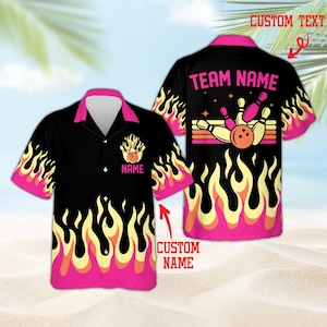Camisa hawaiana personalizada para bolos, camisa del equipo Flame Bowling, camisa de botones personalizada para bolos, camisa retro de liga de bolos, regalo para jugadores de bolos