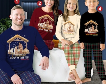 Emmanuel Christmas Pajamas Set, God With Us Religious Christian Pajama, Festive Holy Night Long Sleeve Pajamas, Nativity Scene Xmas Gift