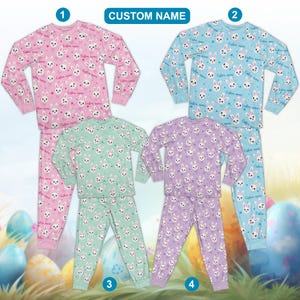Pastellfärgad påskpyjamas för pojke och flicka, personligt namn för barn med äggjakt, personlig glad påskpyjamas, kaninpåskpyjamas bild 2