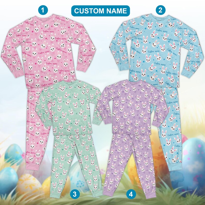 Pastellfärgad påskpyjamas för pojke och flicka, personligt namn för barn med äggjakt, personlig glad påskpyjamas, kaninpåskpyjamas bild 2