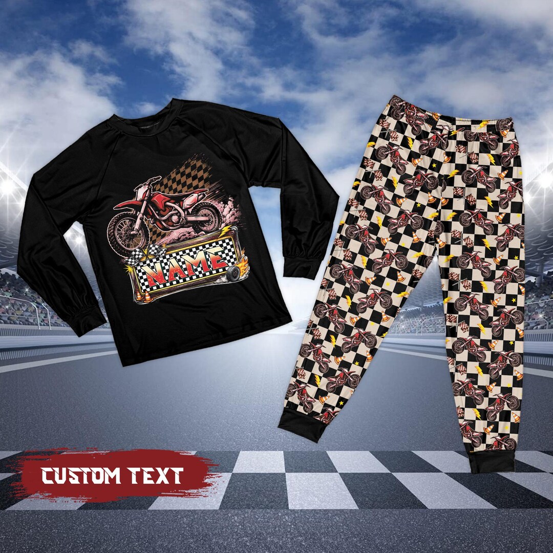 Checkered Custom Name Boy Dirt Bike Pajamas, Motocross Rider Long ...