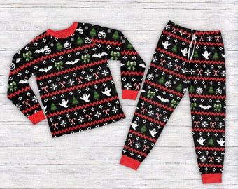 Spooky Christmas Pajamas Set, Boo Candy Cane Two Holidays Pajama, Festive Halloween Long Sleeve Pajamas, Cute Xmas Halloween Gift