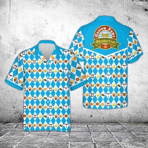 May include: Two short-sleeved button-down shirts with a blue and white diamond pattern. The pattern includes beer steins, pretzels, and sausages. One shirt has a "Custom Name Oktoberfest" logo on the back.