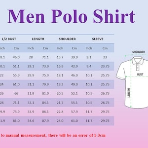 Pu&ograve; includere: Una tabella intitolata "Men Polo Shirt" con misure in pollici e centimetri. La tabella include le dimensioni di busto, lunghezza, spalle e maniche per le taglie dalla S alla 5XL. &Egrave; incluso anche un diagramma di una polo.