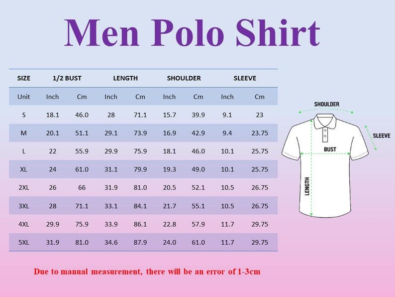 Pu&ograve; includere: Una tabella intitolata "Men Polo Shirt" con misure in pollici e centimetri. La tabella include le dimensioni di busto, lunghezza, spalle e maniche per le taglie dalla S alla 5XL. &Egrave; incluso anche un diagramma di una polo.