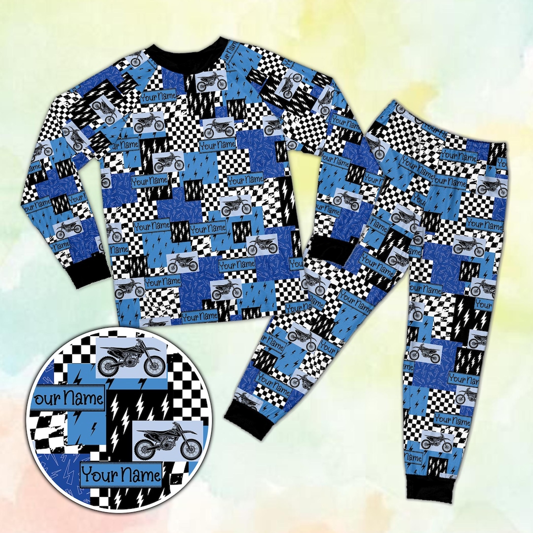 Custom Name Checkered Dirt Bike Pajamas, Retro Motocross Long Sleeve ...