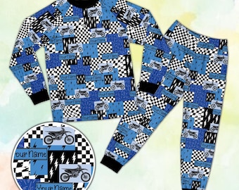 Pijama de motocross a cuadros con nombre personalizado, pijama retro de manga larga para amantes del motocross, regalo personalizado para aficionados a las motos de cross.