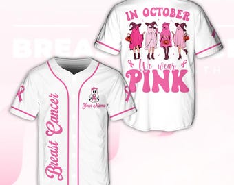 Maglia da baseball personalizzata per la lotta contro il cancro al seno, maglia di supporto della squadra Pink Ribbon Boo Ghost, regalo di Halloween abbinato per la sensibilizzazione sul cancro al seno, indossa il rosa