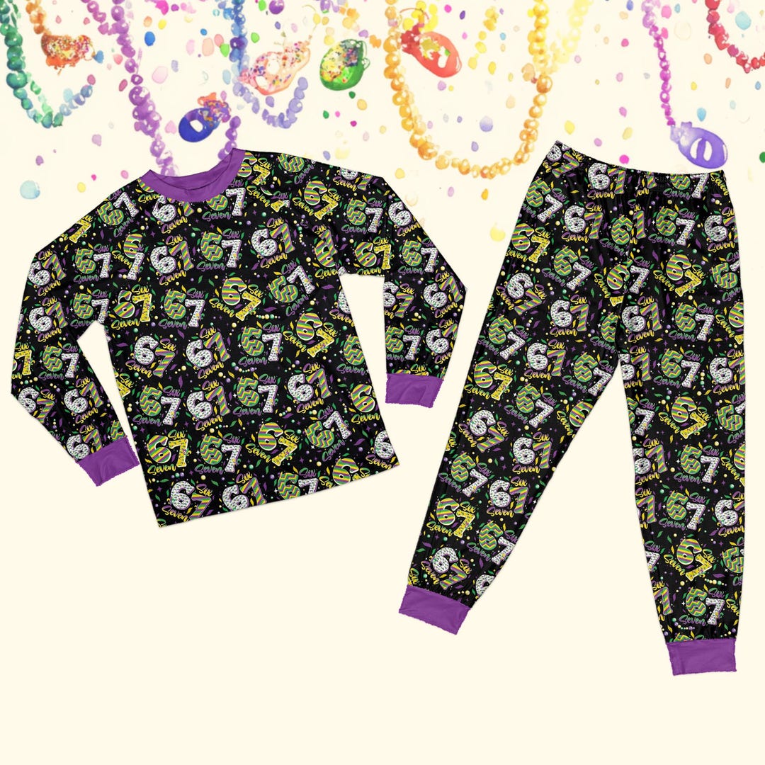 Funny 67 Meme Mardi Gras Pajamas Set, Six Seven Fat Tuesday Pajama ...