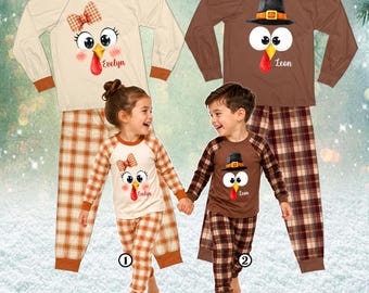 Set pigiama personalizzato con nome a tema tacchino, pigiami coordinati per tutta la famiglia per il Giorno del Ringraziamento, pigiami a quadri autunnali per bambini e adulti