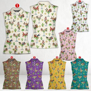 Pu&ograve; includere: Polo senza maniche in vari colori, con un motivo ripetuto di una donna in un bicchiere da cocktail, cactus e ferri di cavallo. Le camicie hanno un colletto e sono disponibili in crema, rosa, marrone, viola, giallo e verde acqua.