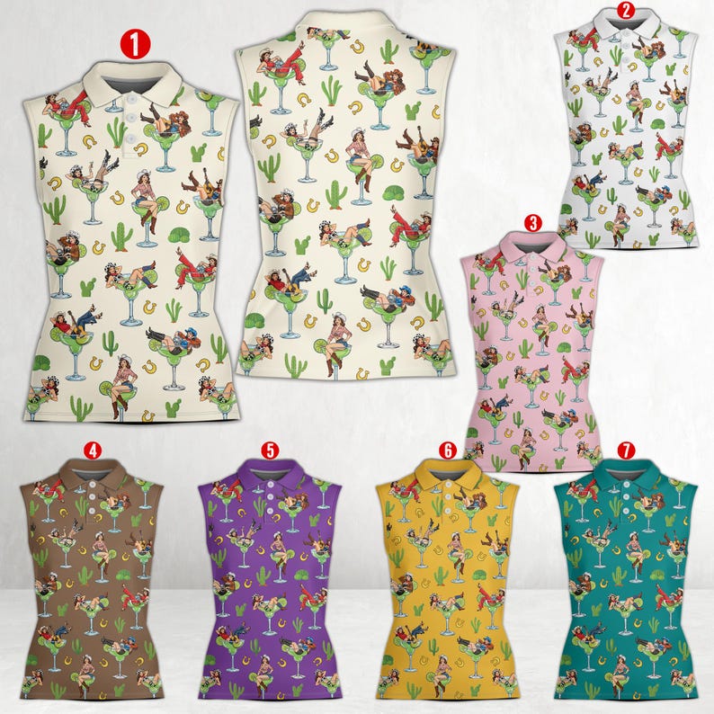 Pu&ograve; includere: Polo senza maniche in vari colori, con un motivo ripetuto di una donna in un bicchiere da cocktail, cactus e ferri di cavallo. Le camicie hanno un colletto e sono disponibili in crema, rosa, marrone, viola, giallo e verde acqua.