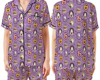Coquette Girly Halloween Satin Pajamas Set, Spooky Season Short Long Sleeve Pajama Set, Boo Ghost Sleepwear, Cute Halloween Pajamas Set
