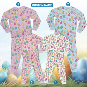 May include: Four sets of Easter-themed pajamas. Each set includes a long-sleeved top and pants. The pajamas feature colorful Easter egg patterns on a variety of backgrounds, including lavender, light blue, pink, and white. The text "CUSTOM NAME" is visible.