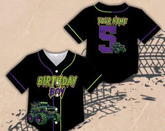 Maglia da baseball personalizzata con nome Monster Truck per festeggiare il compleanno del bambino, tema compleanno Monster Truck, regalo personalizzato per la famiglia