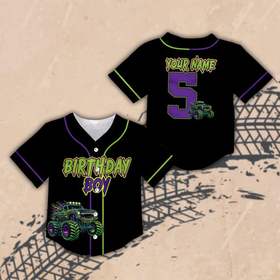 Custom Name Monster Truck Birthday Boy Baseball Jersey, Monster Truck Birthday Themed, Personalized Family Matching Gift