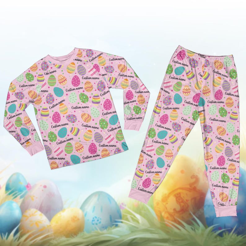 Custom Name Boy Girl Easter Pajama, Kid Easter Egg Hunt Gift, Personalized Happy Easter Pajamas, Easter Egg Pajamas image 4