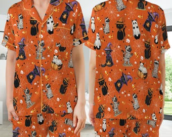 Boo Ghost Black Cat Halloween satijnen pyjamaset, spooky seizoen pyjamaset, grappige kattenliefhebber nachtkleding, Cat Mama Halloween-cadeau