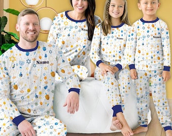 Custom Name Chanukah Pajamas Set, Cute Happy Hanukkah Pajama, Matching Family Long Sleeve Two Piece Pajamas Personalized Jewish Holiday Gift