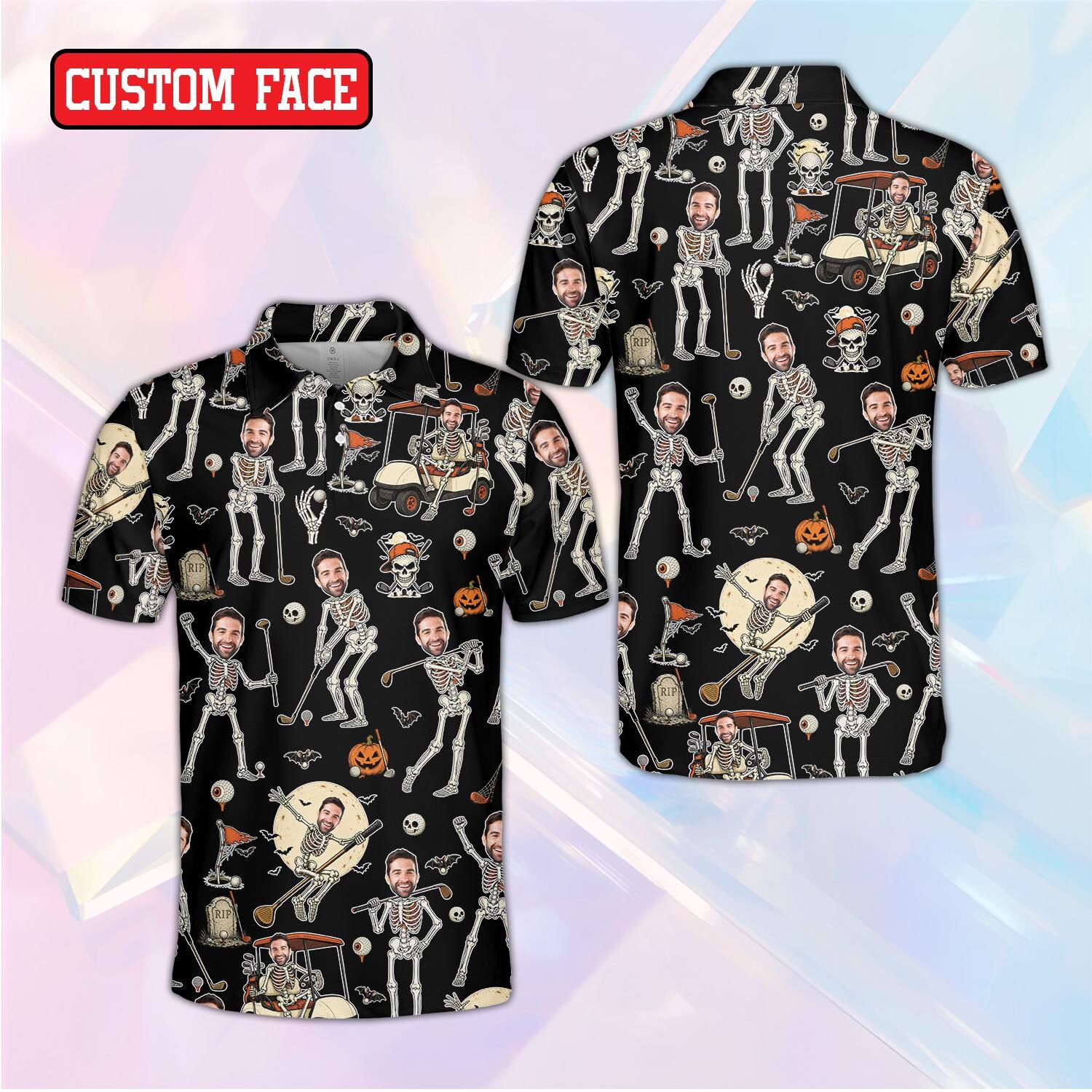 Personalized Halloween Golf Polo Shirt, Custom Face Skeleton Golfer Shirt, Funny Golf Cart Pumpkin Gift for Dad