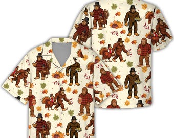 Divertente camicia hawaiana con atmosfera autunnale di Bigfoot, camicia con bottoni a forma di tacchino del Ringraziamento, camicia con Sasquatch del Ringraziamento, regalo di buon Ringraziamento