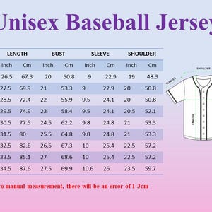 May include: Image of a size chart for a unisex baseball jersey. The chart includes measurements in inches and centimeters for length, bust, sleeve, and shoulder. Sizes range from XS to 5XL.