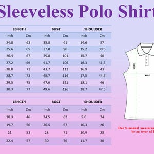 Pu&ograve; includere: Tabella delle taglie per una polo senza maniche, con misure in pollici e cm. Taglie dalla XS alla 4XL, con misure di lunghezza, busto e spalle. Include anche taglie dalla 5T alla 10Y.
