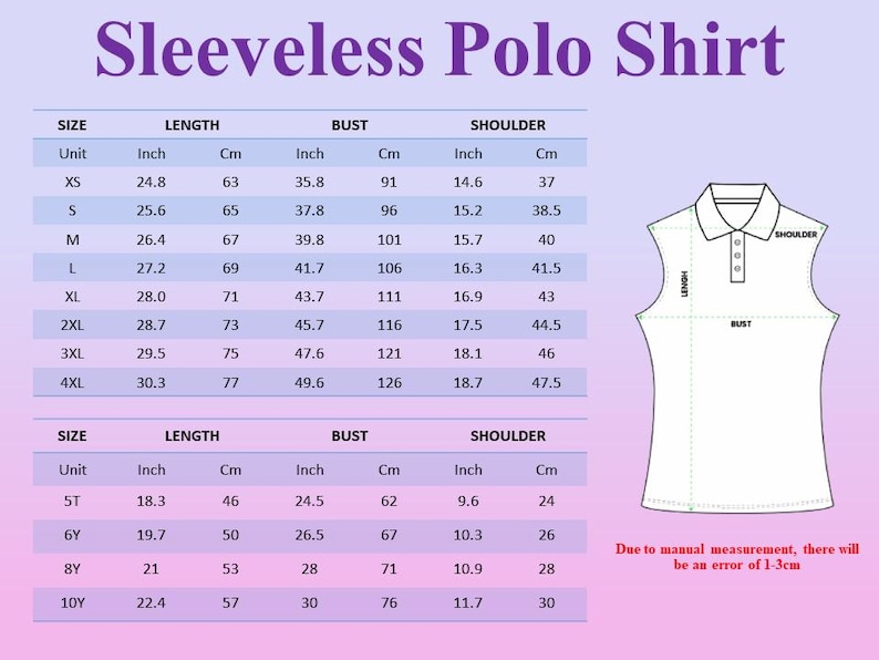 Pu&ograve; includere: Tabella delle taglie per una polo senza maniche, con misure in pollici e cm. Taglie dalla XS alla 4XL, con misure di lunghezza, busto e spalle. Include anche taglie dalla 5T alla 10Y.