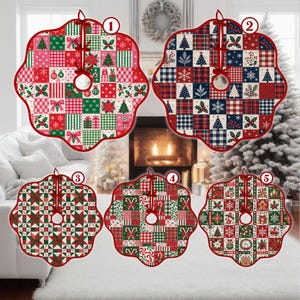 May include: Five scalloped Christmas tree skirts featuring patchwork designs with holiday motifs including trees, snowflakes, holly, bows, and gifts in red, green, white, and blue color palettes, each numbered one through five with red trim.