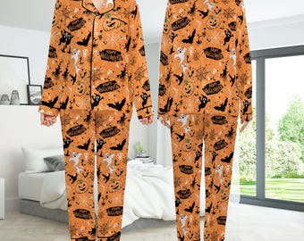 Retro Halloween Satin Pajamas Set, Spooky Season Short Long Sleeve Pajama Set, Trick Or Treat Sleepwear, Happy Halloween Pajamas Set