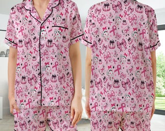 Pigiama in raso "Cute Boo To Cancer", pigiama per la sensibilizzazione sul cancro al seno di ottobre, pigiama Pink Ribbon, pigiama per Halloween "Coquette Breast Cancer"