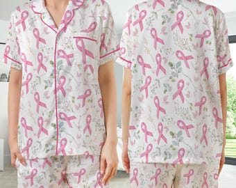 Breast Cancer Satin Pajamas Set, Wear Pink In October Pajama Set, Pink Ribbon Sleepwear, Floral Breast Cancer Support Gift for Fighter