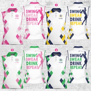 May include: A collection of sleeveless golf shirts in white with argyle patterns in pink, yellow, green, and blue. Each shirt features a polo collar and the text "SWING SWEAR DRINK REPEAT" or a globe graphic with the word "NAME".
