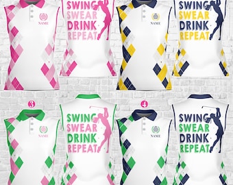 Polo divertente per giocatori di golf, Swing Swear Drink Repeat Golfer, polo senza maniche da uomo e da donna, squadra di golf Argyle, regalo coordinato per golfisti.