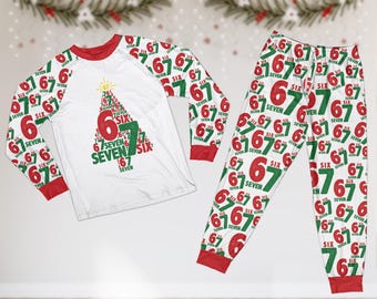 Six Seven Christmas Tree Pajamas Set, Funny Six Seven Christmas Pajama, Festive Kid Christmas Pajamas, Trending 67 Xmas Holiday Gift