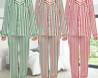 Custom Name Striped Christmas Satin Pajamas Set, Cute Christmas Pajama Set, Girlie Xmas Sleepwear, Tis The Season, Festive Christmas Gift