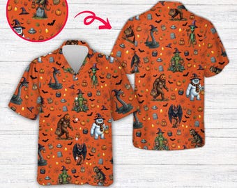 Camicia hawaiana di Halloween con tema criptidi, Bigfoot, Mothman, alieno e mostri, camicia spettrale con bottoni, abbigliamento coordinato per tutta la famiglia.
